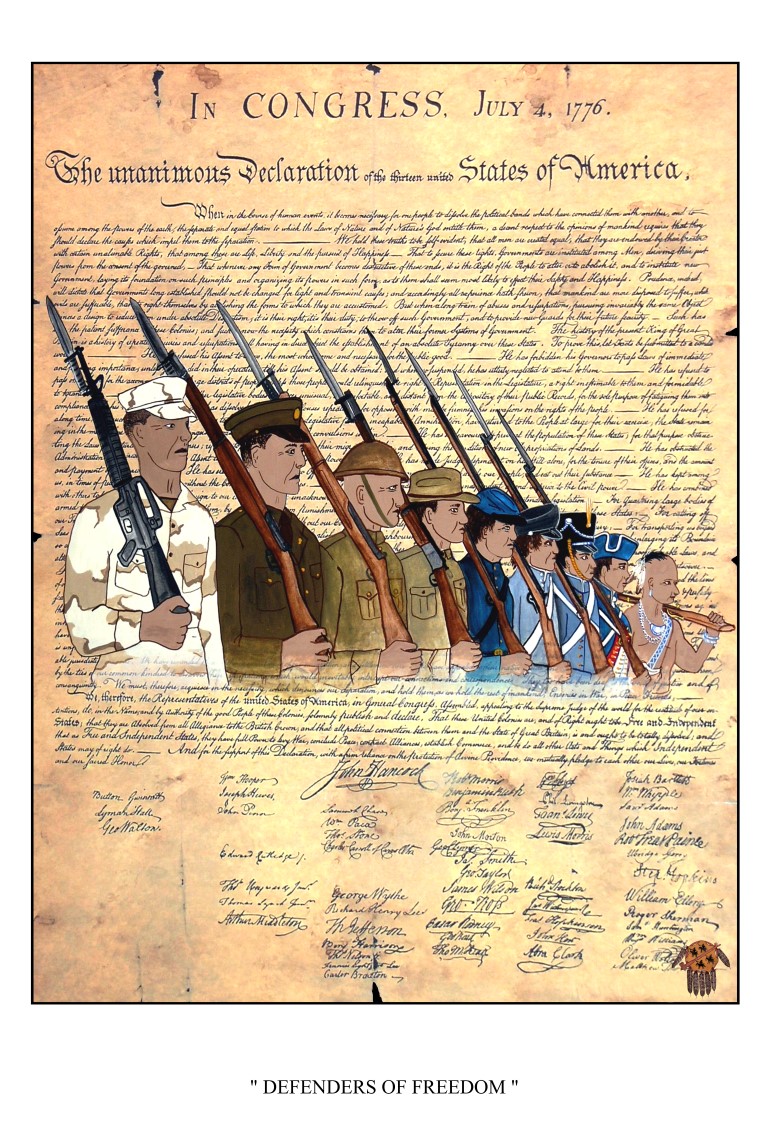 American Indians have proudly fought for their own nations, as well as serving in every war of the United States and branch of the military; including the medical corps, military police, engineering corps and the cavalry.  The Indians offered their services, lives and money in these wars, and in WWI, more served in proportion to their number and means than any other race or class of the population, despite the fact the United States did not universally give Indians citizenship until 1924.